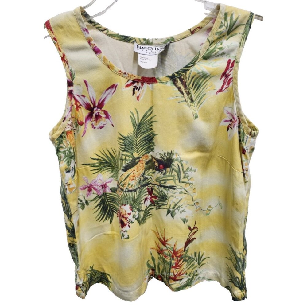 VTG Nancy Bolen City Girl Womens Silk Tank Top Petite Small Yellow Floral Beach